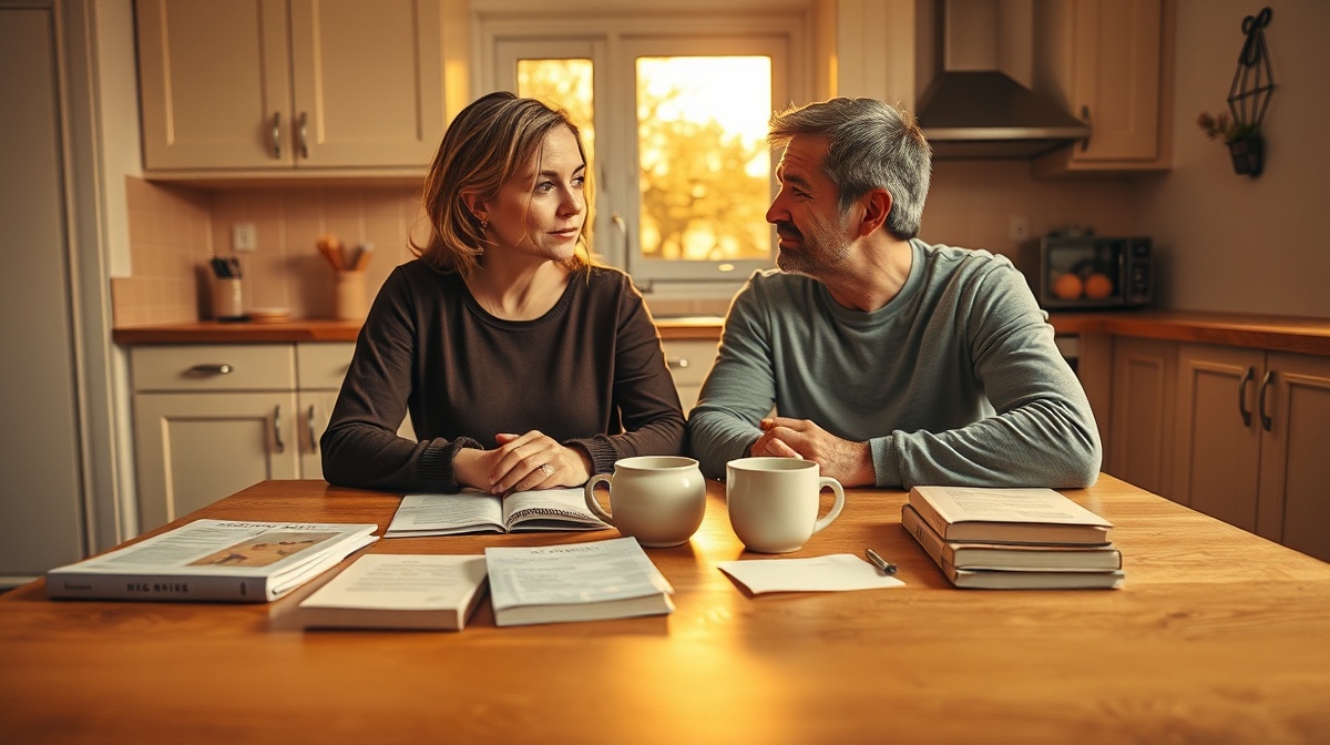 Couple having a serious conversation at their kitchen table, both looking engage