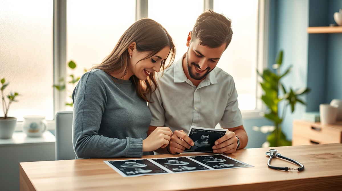 Expecting couple looking at ultrasound images together, both showing expressions