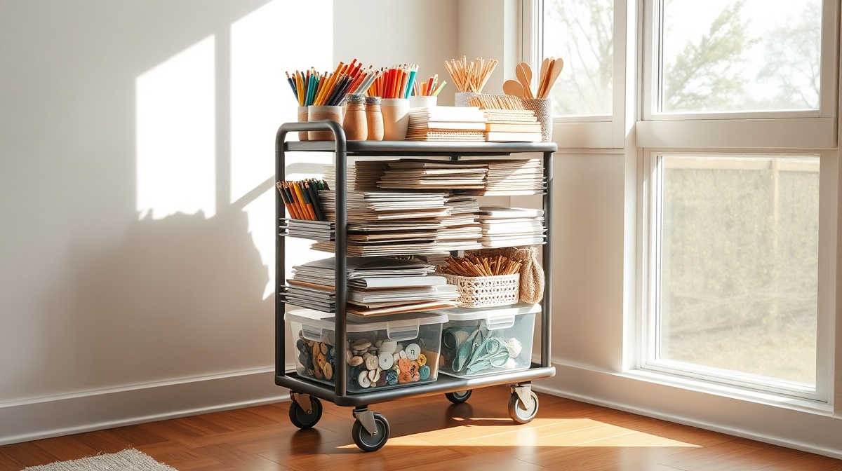 An organized craft station with a rolling cart filled with papers, markers, glue