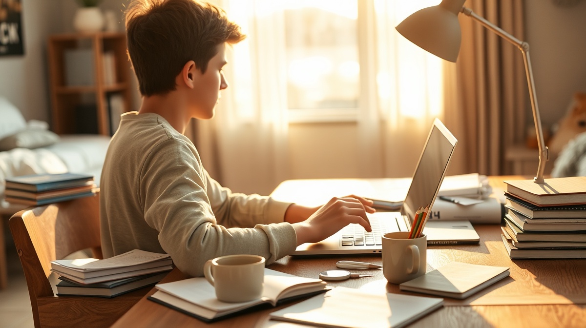 High school student working independently at a desk with laptop, textbooks, and 