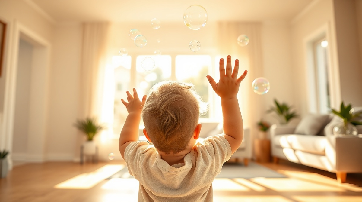 Toddler reaching up to catch soap bubbles in a bright living room, natural light