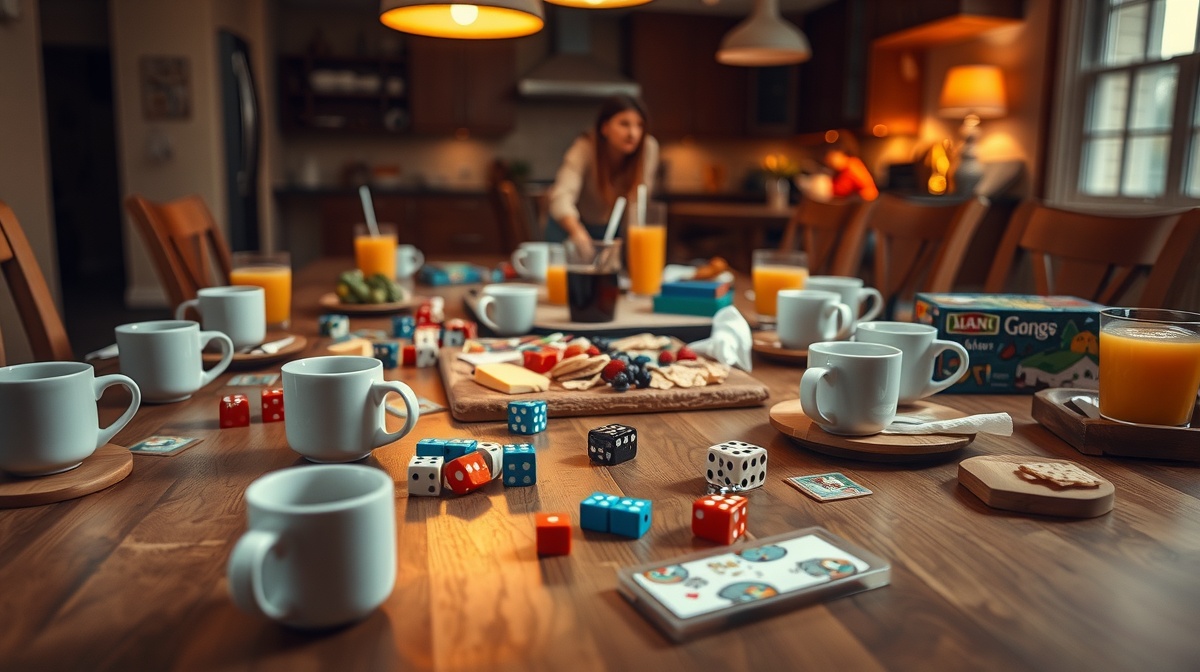 Multi-generational family playing board games around a kitchen table in the even