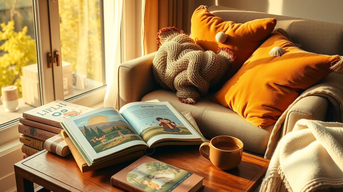 A cozy reading corner with a parent and child looking at picture books together,