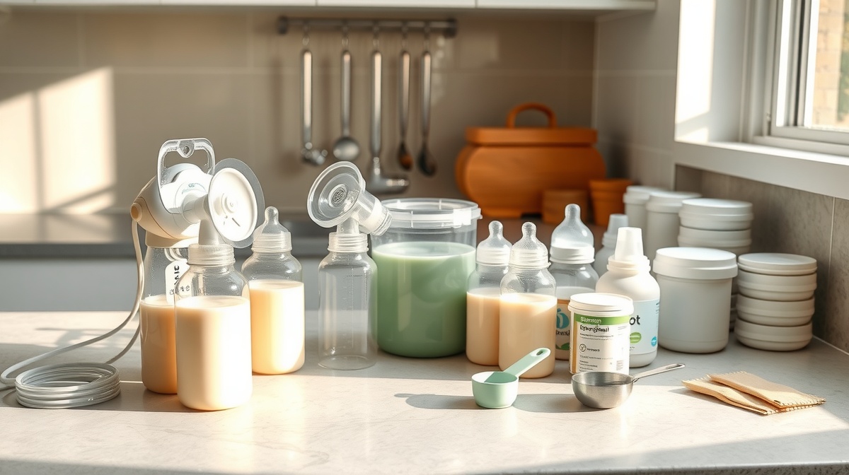 Kitchen counter scene showing breast pump parts, bottles of pumped milk, and for