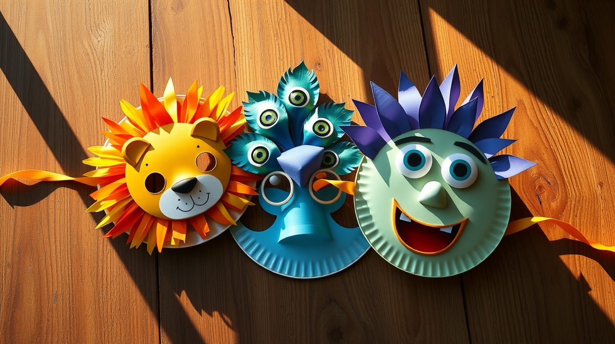 Collection of completed paper plate masks laid out on a wooden table - a colorfu