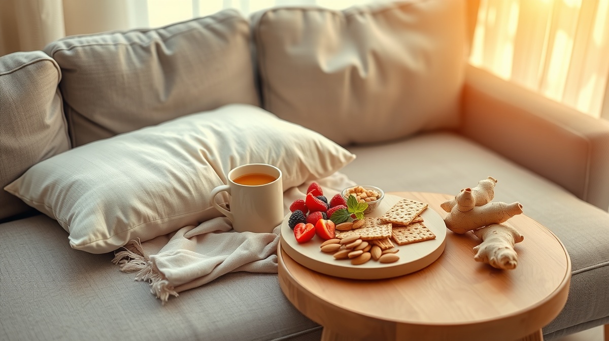 A woman relaxing on a couch with a pregnancy pillow, holding a cup of ginger tea