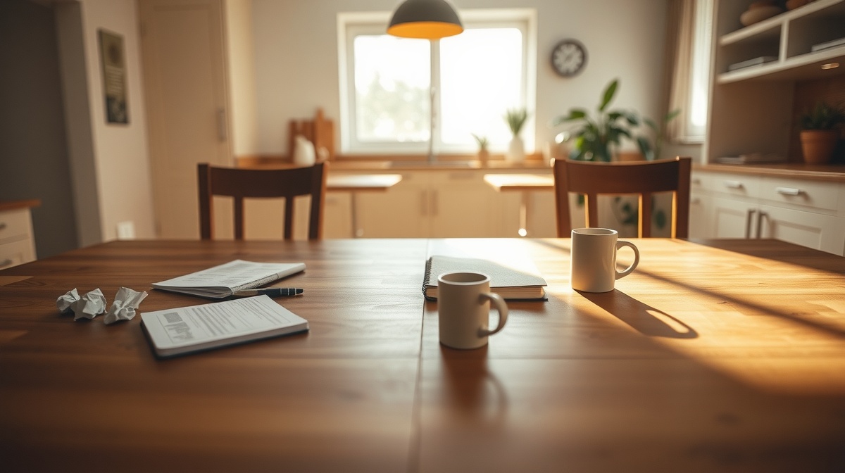 Calm parent and frustrated teenager having a discussion in a kitchen, parent mai
