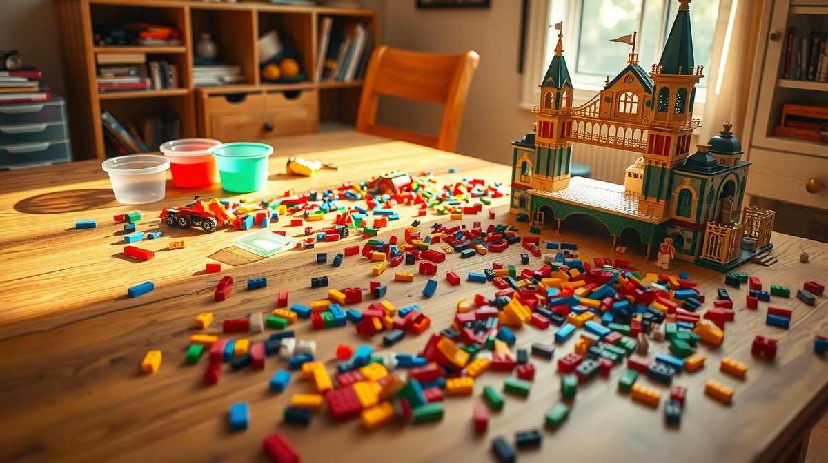 Child concentrating on building an elaborate LEGO creation at a wooden table, va