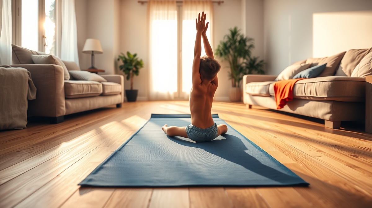 A child in comfortable clothes doing a simple yoga pose on a colorful mat in a b