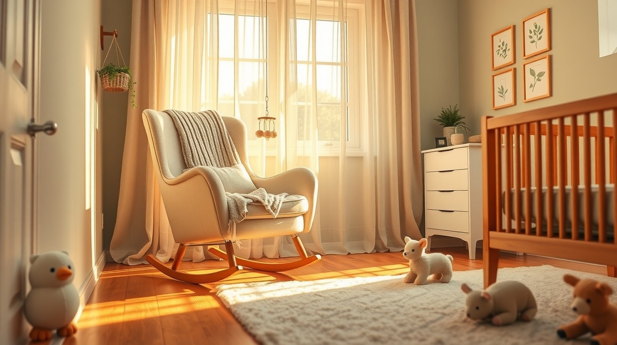 Parent gently rocking newborn in nursery chair during golden hour, peaceful and