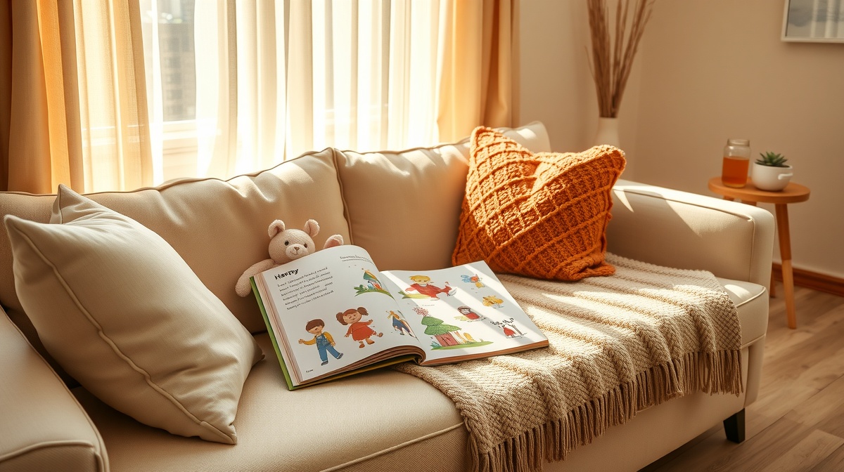 A mother and toddler sitting together on a cozy couch reading a colorful picture