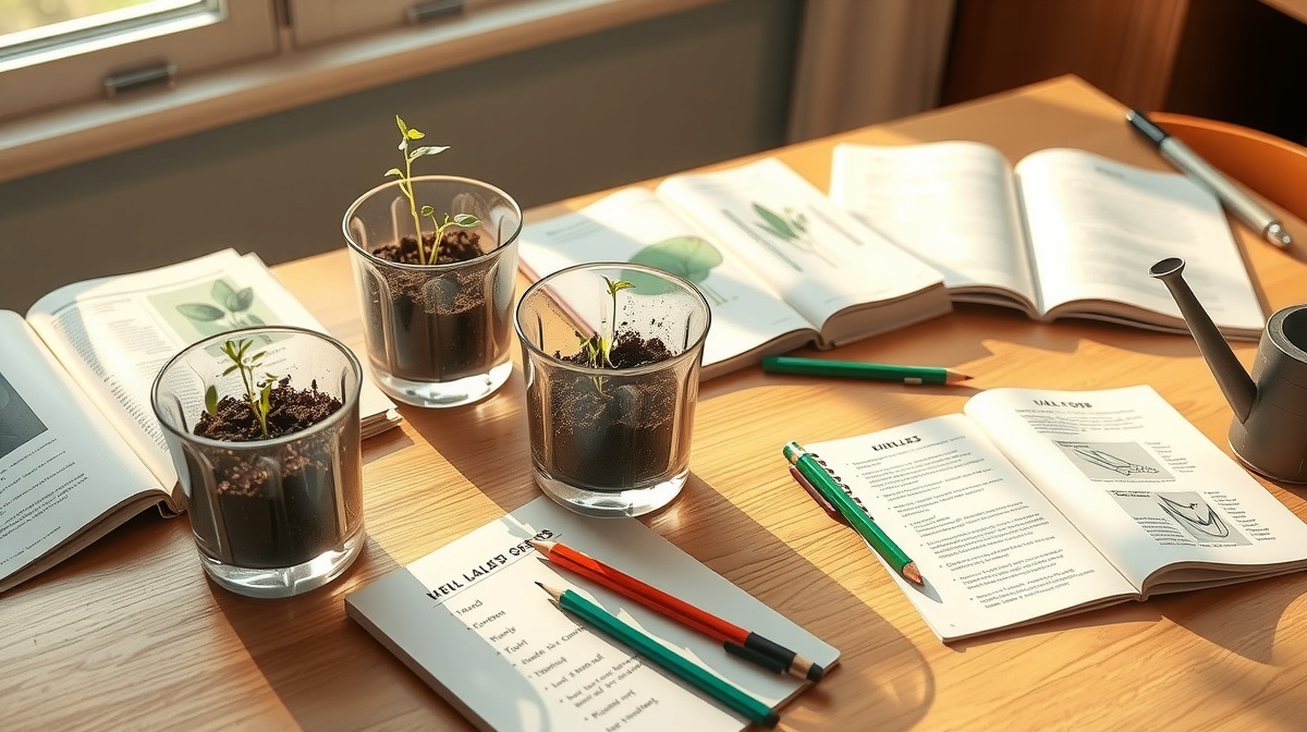 Children engaged in a hands-on science experiment with plants growing in clear c