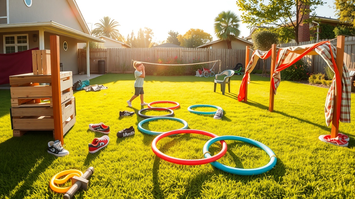 Children running through a backyard obstacle course made from household items, p
