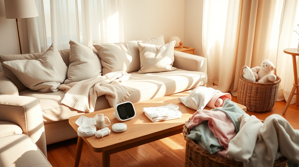 Supportive partner or family member helping with baby care tasks while exhausted