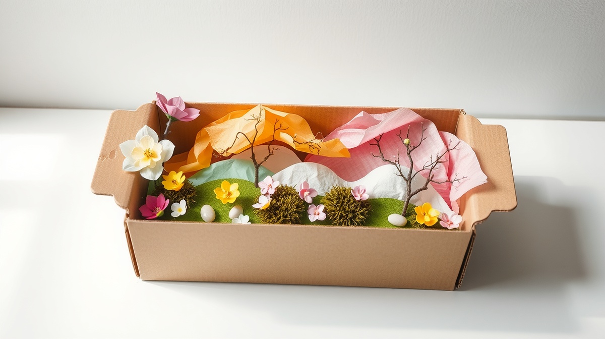 A completed spring diorama in a shoebox showing paper flowers, small twigs as tr