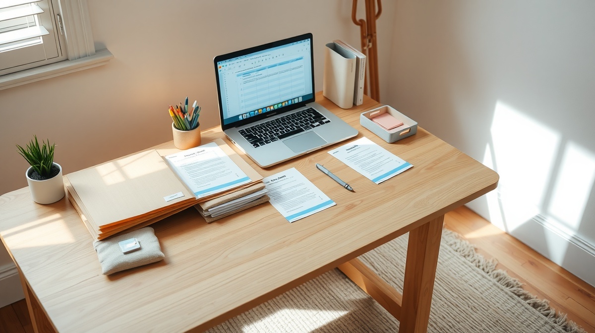 Organized home office space with pregnancy and baby-related documents neatly arr
