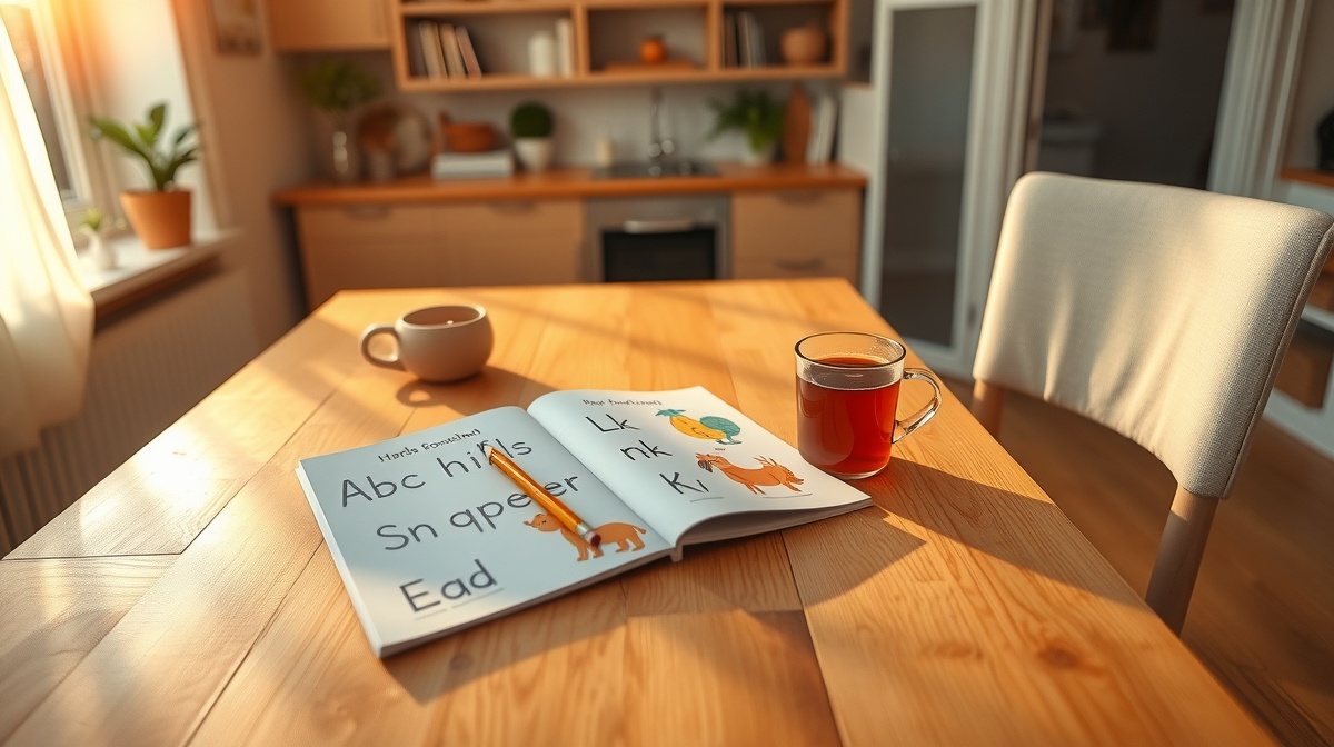 Parent and kindergarten-aged child sitting together at a kitchen table, child wo