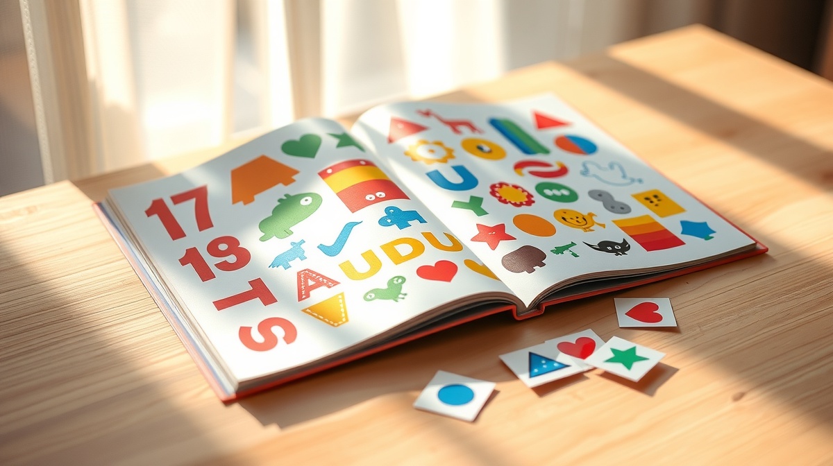 Close-up of toddler hands carefully placing colorful stickers on a reusable acti