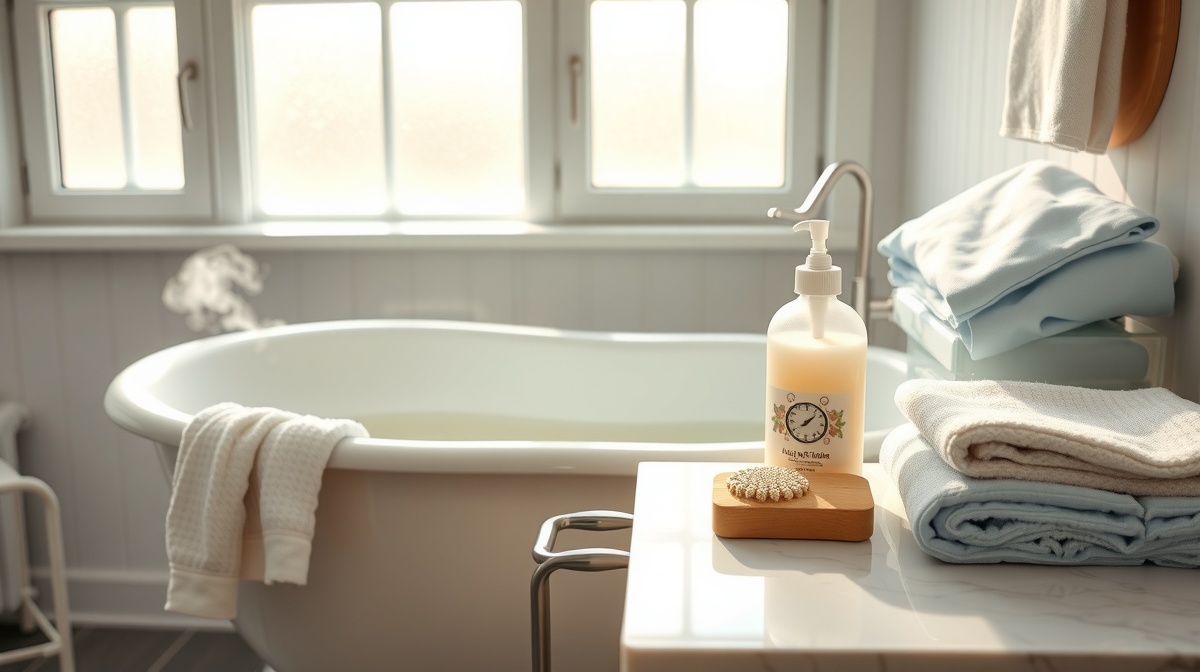 Peaceful moment of a parent gently washing a content newborn baby, soft bathroom