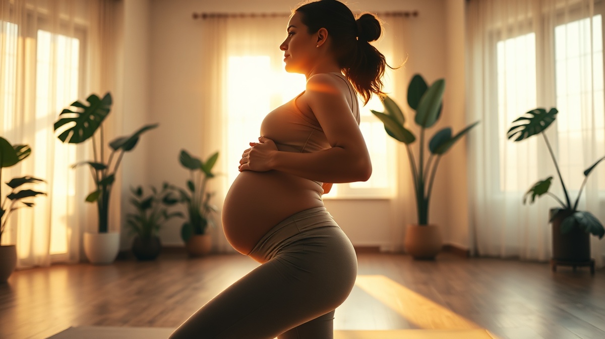 Pregnant woman doing prenatal yoga in a peaceful room with soft lighting, plants