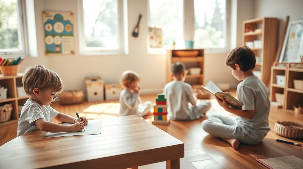Three children of different ages engaged in various learning activities - one dr