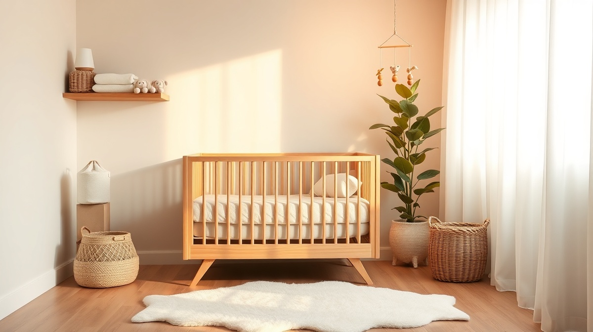 Organized baby nursery corner with natural wood crib, soft neutral colors, and e