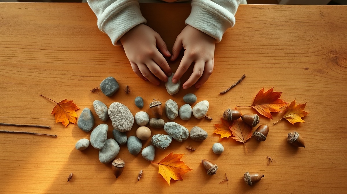 Toddler's hands sorting natural objects like leaves and rocks on a wooden table,