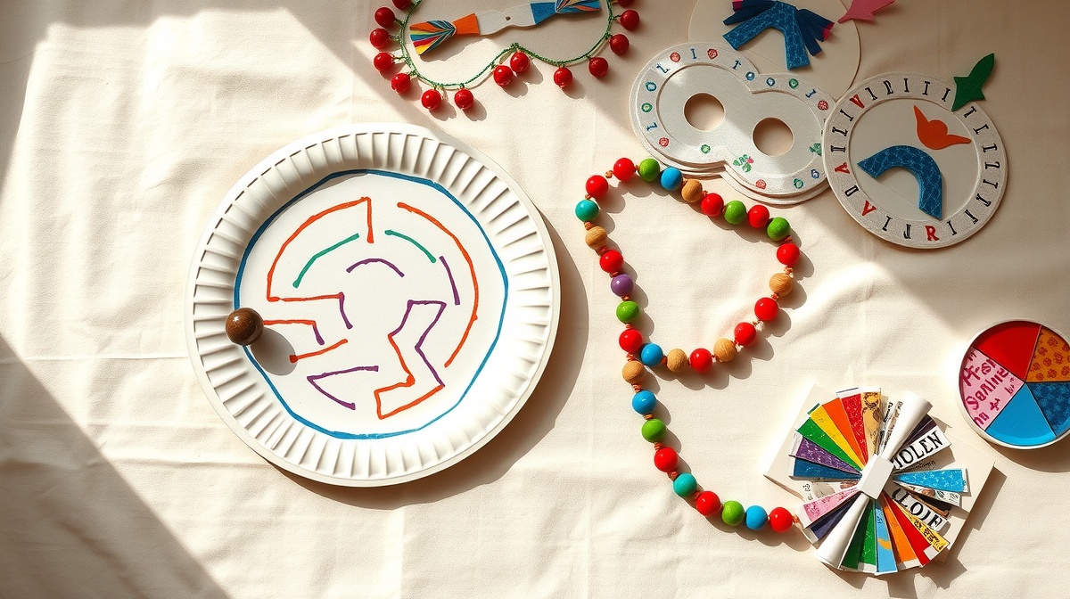 Children playing with their completed paper plate games - one child holding a ma