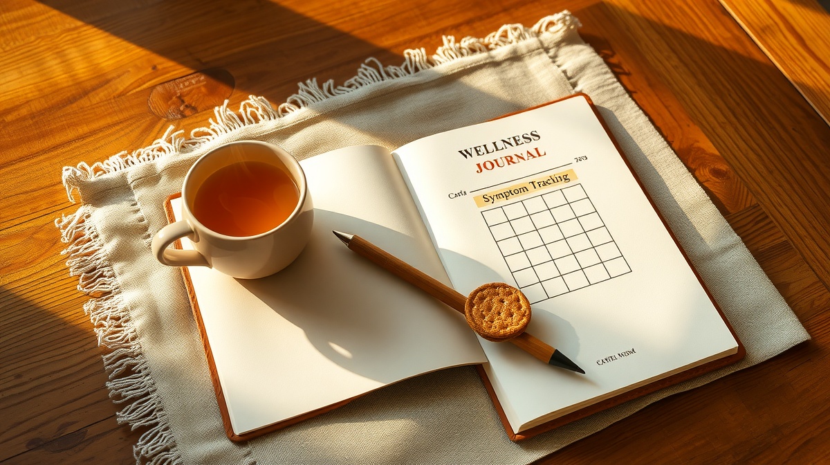 A journal open on a table with a pen beside it, showing a simple symptom trackin