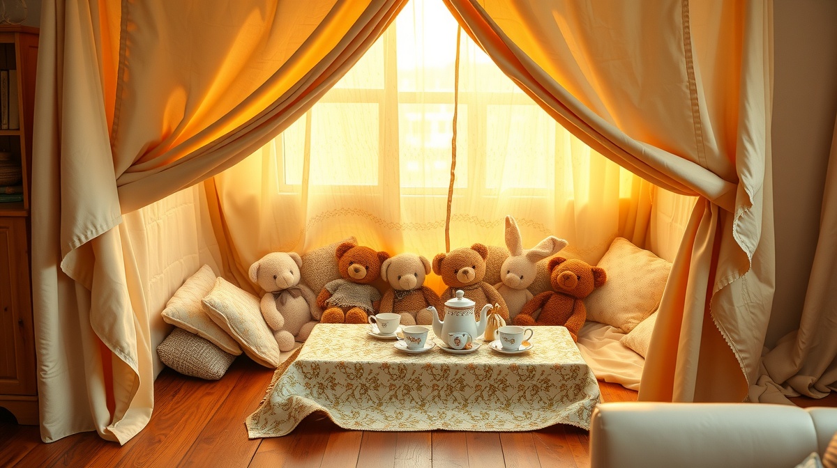 A cozy blanket fort set up in a living room with stuffed animals having a preten