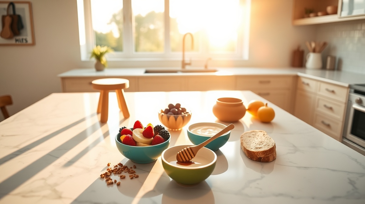 A 3-year-old child and parent working together in a bright kitchen, making a sim
