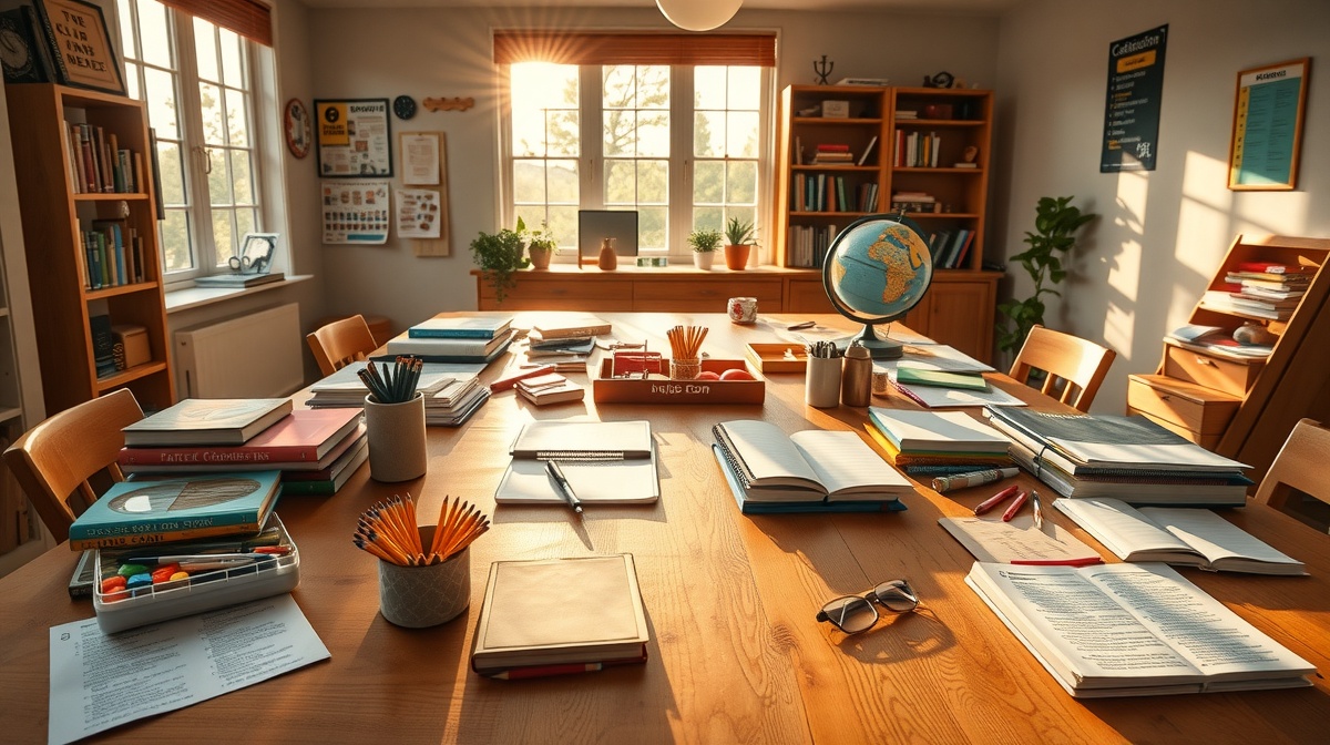 A multi-age homeschool scene with children of different ages working on the same