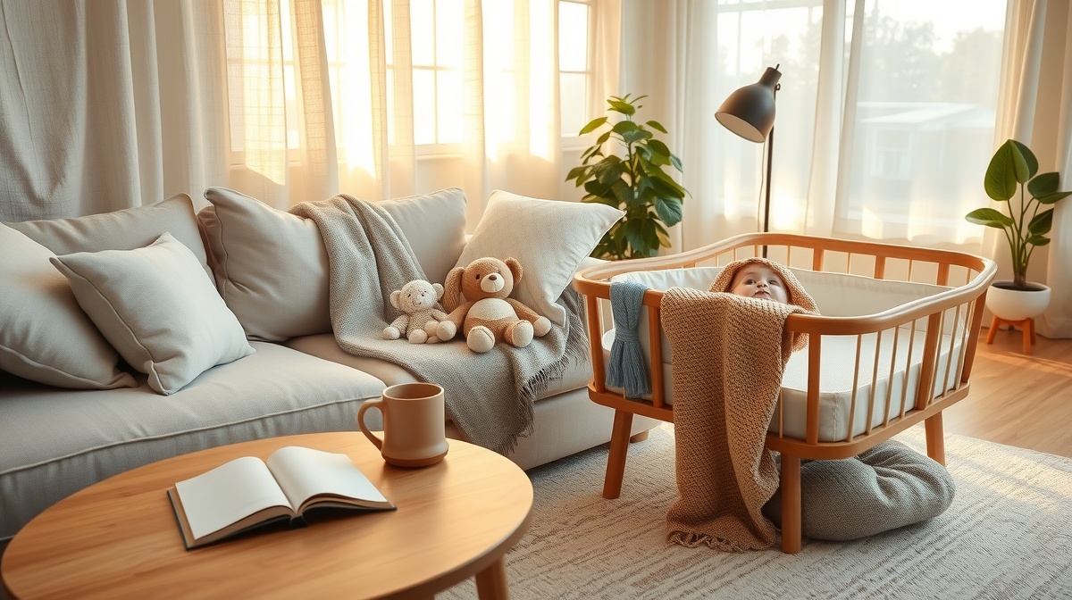 Peaceful parent napping on couch while baby sleeps nearby in bassinet, soft afte