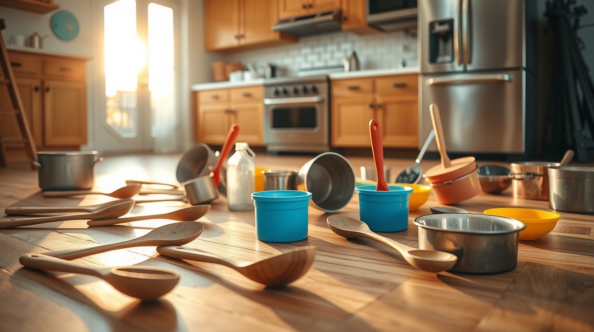 Toddler sitting on kitchen floor surrounded by improvised musical instruments ma